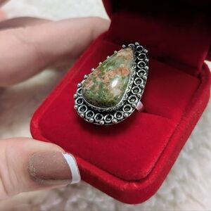 Vintage Handmade Genuine Unikite  Teardrop Sterling Silver Size 7